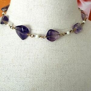 Vintage Genuine Amethyst Wire Wrapped Necklace with Freshwater Pearl Accents Gol